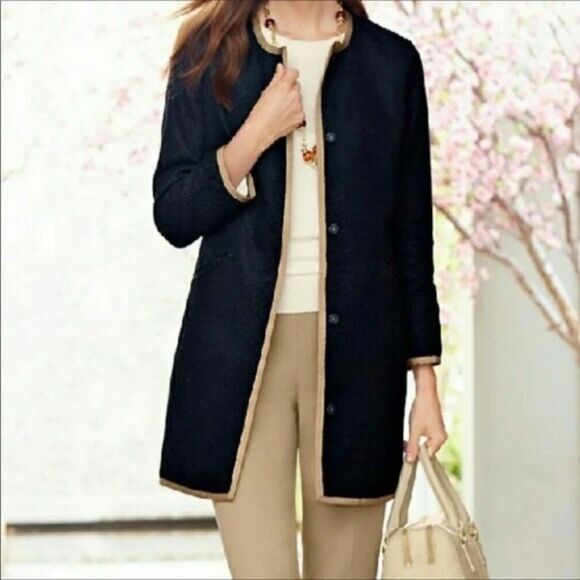 Talbots Women Black w/Beige Trim Tweed Knit Cotton Mid Length Button Coat sz 12 - Picture 1 of 9